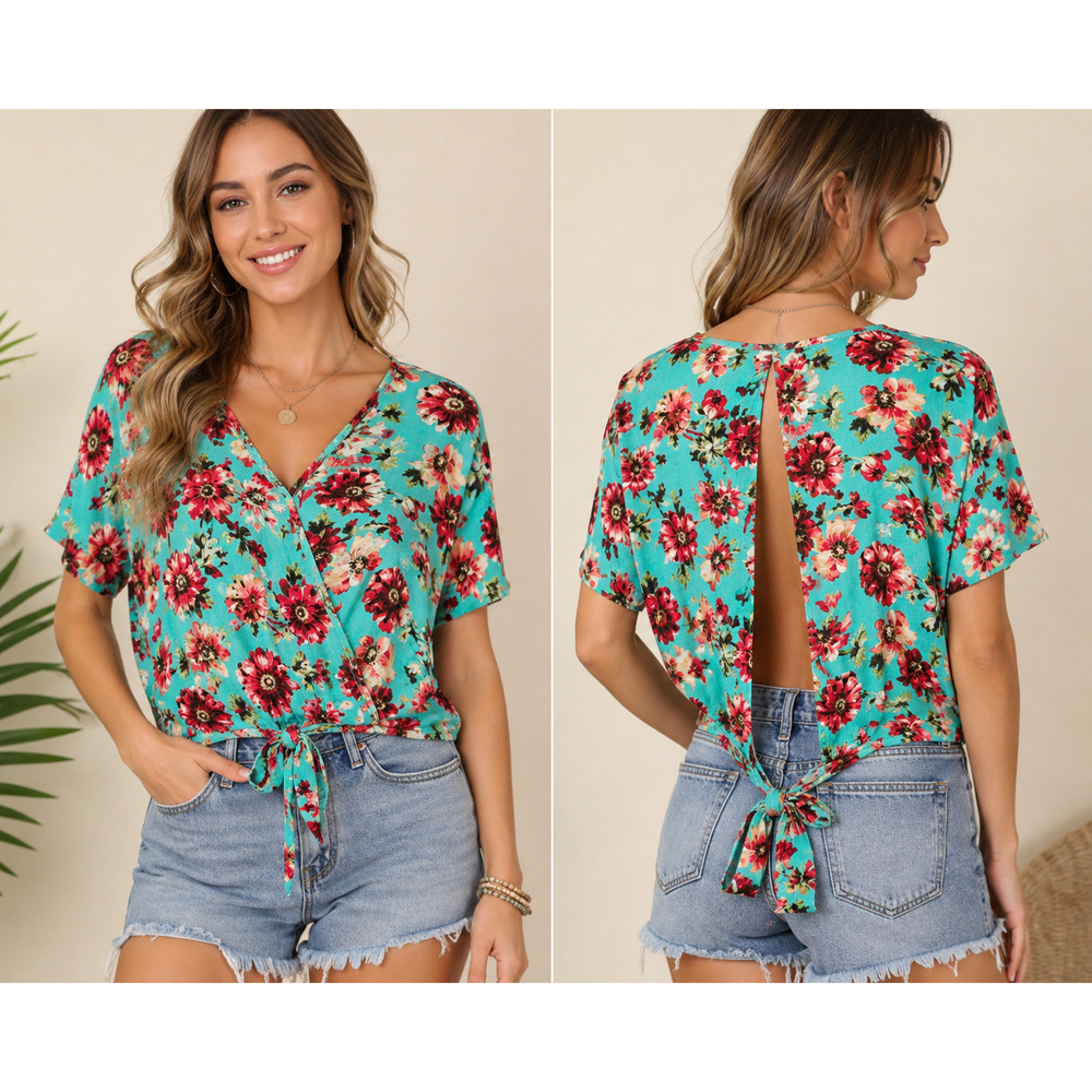 COMO Vintage Floral Tie Back Blouse Top Large Aqua Pink Wrap Front Boho Size L